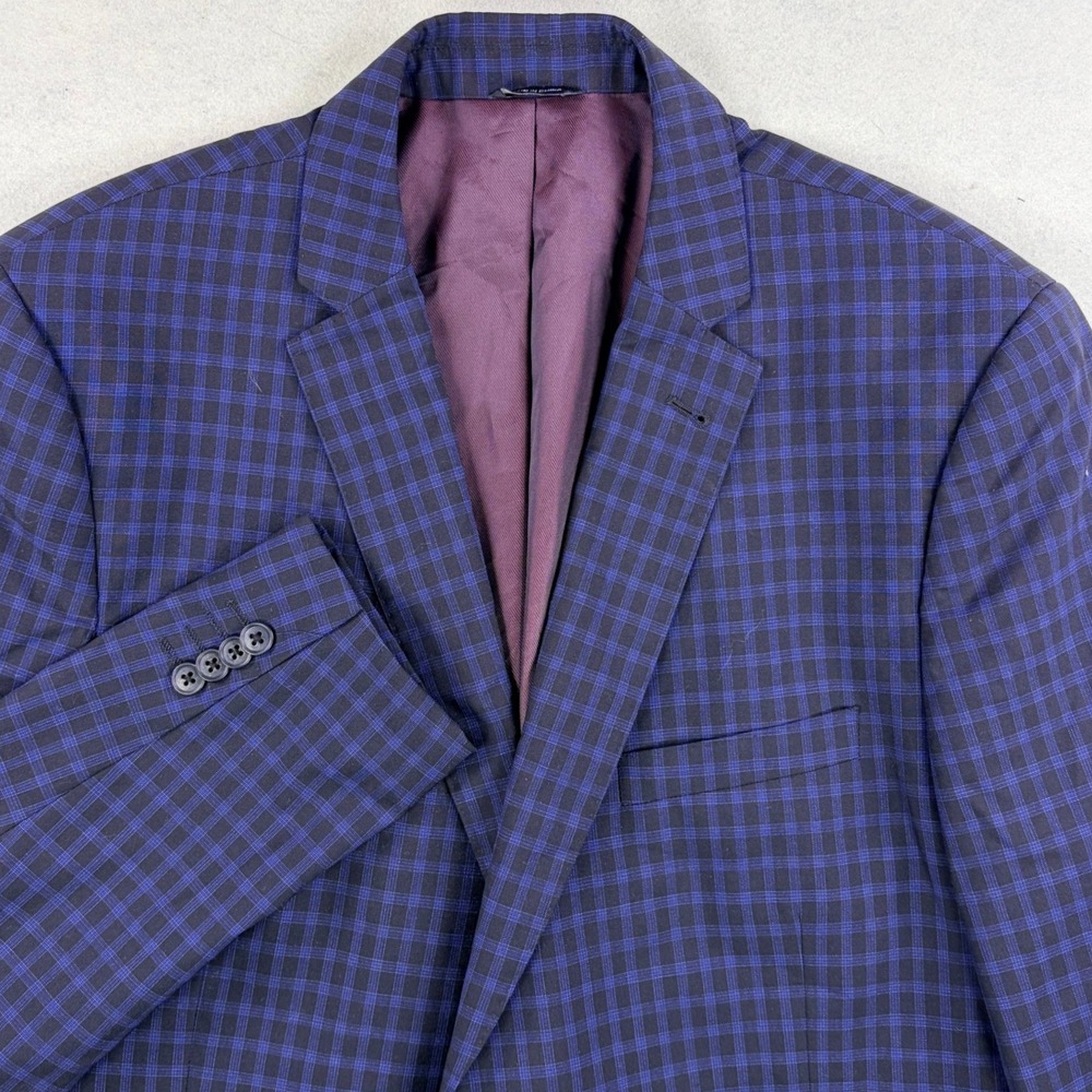 Neiman Marcus Mens 46R Slim Fit Super 120s Wool Blazer Navy Check Sport Coat